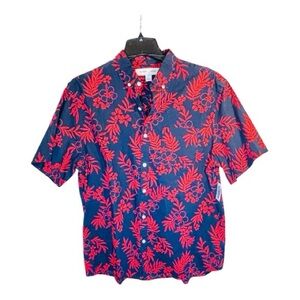 Old Navy Island style red leaves on Navy Short Sleeve button up dress shirt